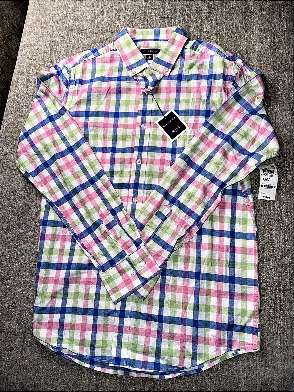 Club Room LS Fash Oxford Plaid Cotton Button Down Blue & Pink Small NWT